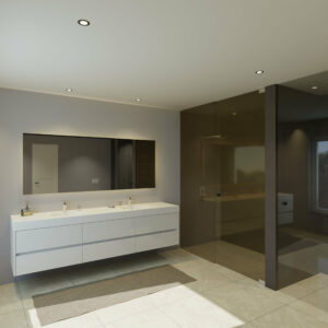 Maatwerk design wastafelkast, gemaakt van Wit melamine of gespoten mdf met een blad van solid surface en 2 waskommen van Solid Surface. Het front te openen d.m.v. Greeplijst midden