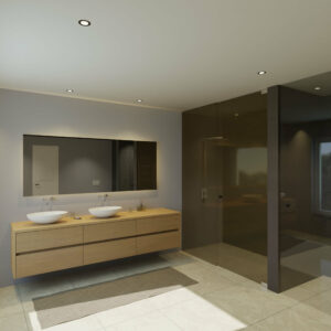 Maatwerk design wastafelmeubel, gemaakt van eiken hout fineer of eiken hout massief met een blad van eiken en 2 waskommen van Solid Surface. Het front te openen d.m.v. Greeplijst midden