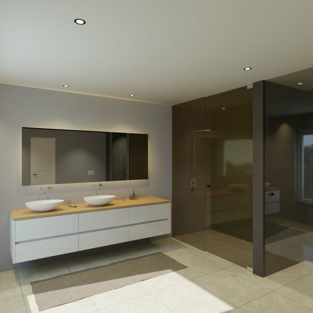Maatwerk design badkamermeubel, gemaakt van Wit melamine of gespoten mdf met een blad van eiken en 2 waskommen van Solid Surface. Het front te openen d.m.v. Greeplijst midden