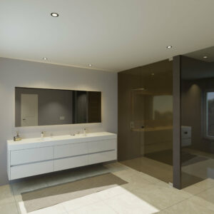 Maatwerk design wastafelmeubel, gemaakt van Wit melamine of gespoten mdf met een blad van solid surface en 2 waskommen van Solid Surface. Het front te openen d.m.v. Greeplijst midden