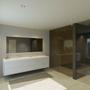 Maatwerk design wastafelmeubel, gemaakt van Wit melamine of gespoten mdf met een blad van solid surface en 2 waskommen van Solid Surface. Het front te openen d.m.v. Push to Open