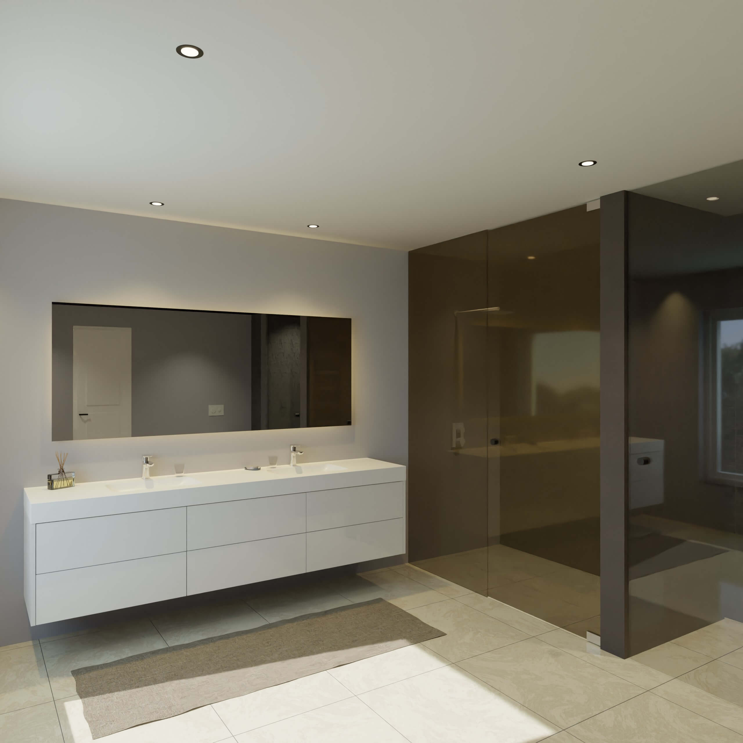 Maatwerk design wastafel onderkast, gemaakt van Wit melamine of gespoten mdf met een blad van solid surface en 2 waskommen van Solid Surface. Het front te openen d.m.v. Push to Open