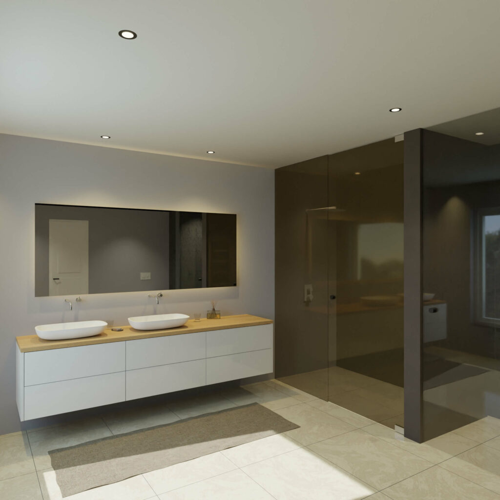 Maatwerk design badmeubel, gemaakt van Wit melamine of gespoten mdf met een blad van eiken en 2 waskommen van Solid Surface. Het front te openen d.m.v. Push to Open