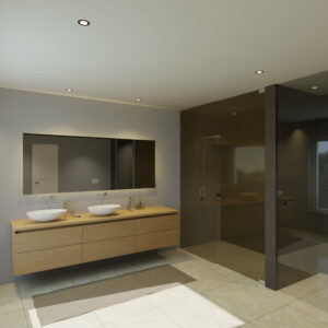 Maatwerk design wastafel onderkast, gemaakt van eiken hout fineer of eiken hout massief met een blad van eiken en 2 waskommen van Solid Surface. Het front te openen d.m.v. Greeplijst boven